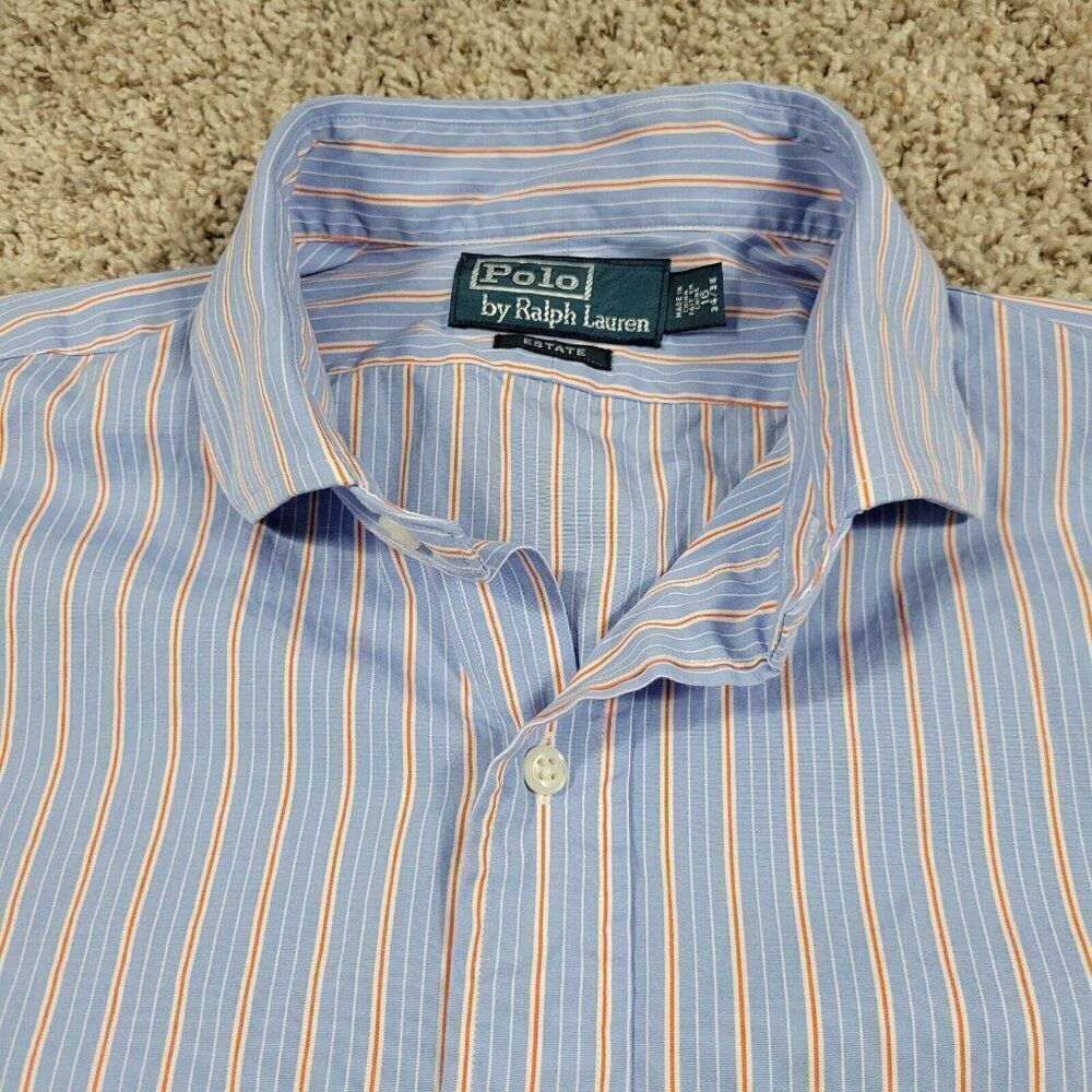 Polo Ralph Lauren Shirt Mens 16 34/35 Blue Orange Long Sleeve Estate Stripe FLAW